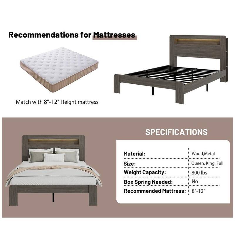 Full/ Queen/ King Size American Style Wood Bed Frame w/ LED Light, Platform Bed w/ Storage Headboard and Charging Station