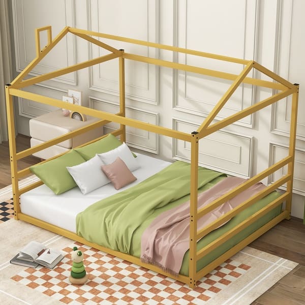 slide 2 of 12, Metal House Shape Platform Bed, Black, Queen - Stylish, Sturdy & Safe Design Gold