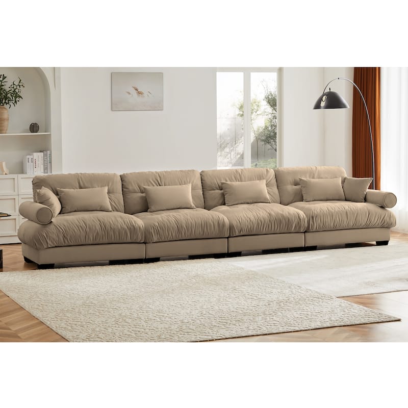 Vintage Velvet Modular Sofa with Cloud Inspired Cushions and Bolster Armrests for Cozy Living Room and Guest Room - Camel