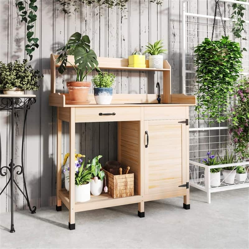 Garden Work Bench with Sink, Open Shelves & Tool Storage - 44.5" L x 18.7" W x 50.2" H