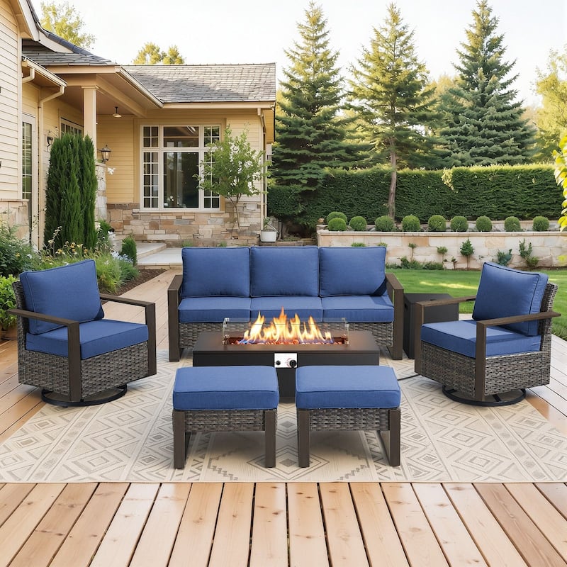 Meyreso Wicker Outdoor Patio Fire Pit Set with Swivel Gliders & 4.5-Inch Olefin Cushions