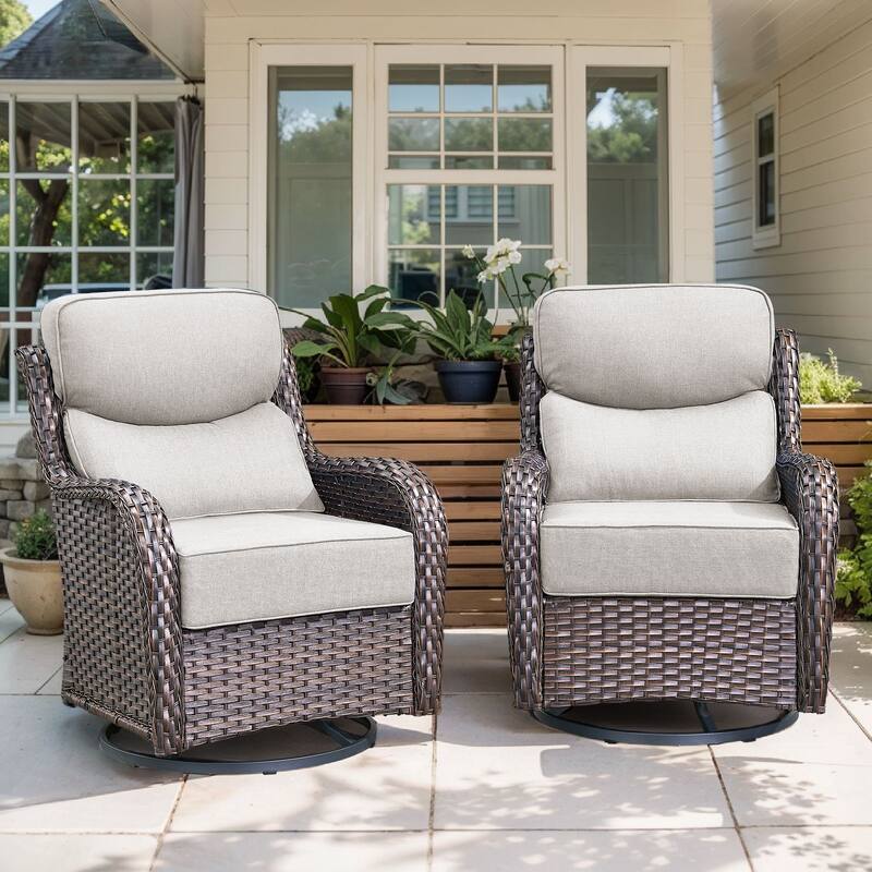 Arcadia Wicker Patio Swivel Glider Chairs with 6-Inch Cushions (2-Pack) - Beige Cushions - Brown Wicker