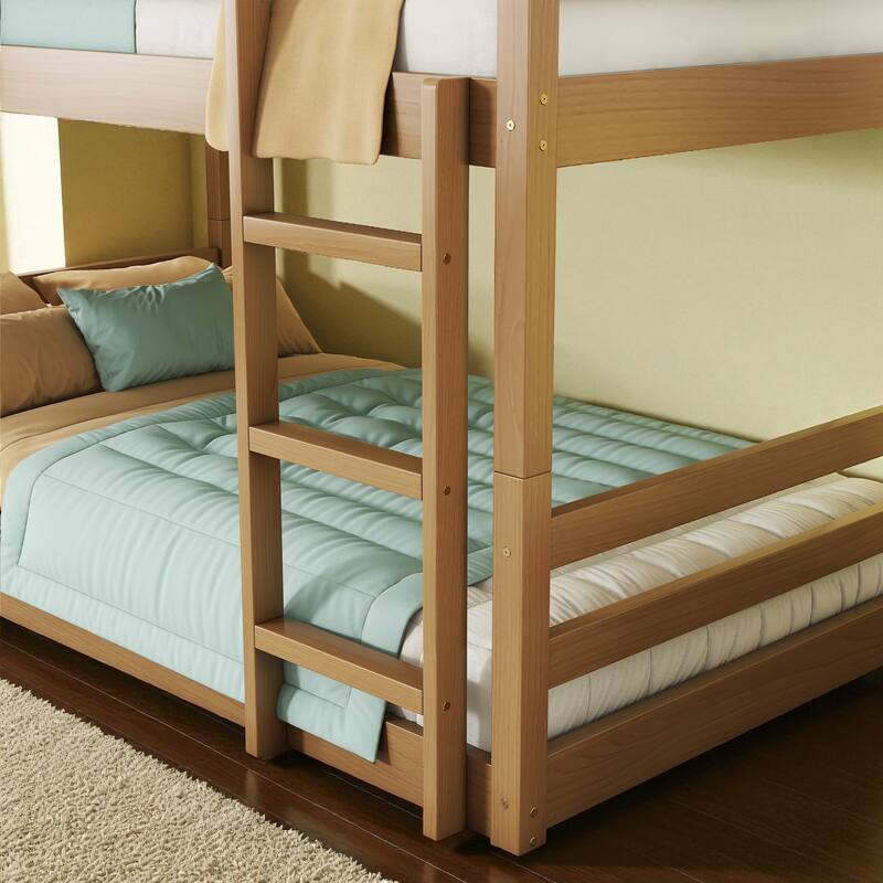 Twin Over Twin Over Twin Rubber Wood Triple Bunk Bed with Guardrails and Two Built-in Ladders, Detachable 3-Tier Bed Frame