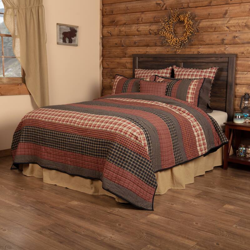 Red Rustic Bedding VHC Beckham Quilt Cotton Striped Patchwork - Rust/Khaki/Soft Black - King - Cal King