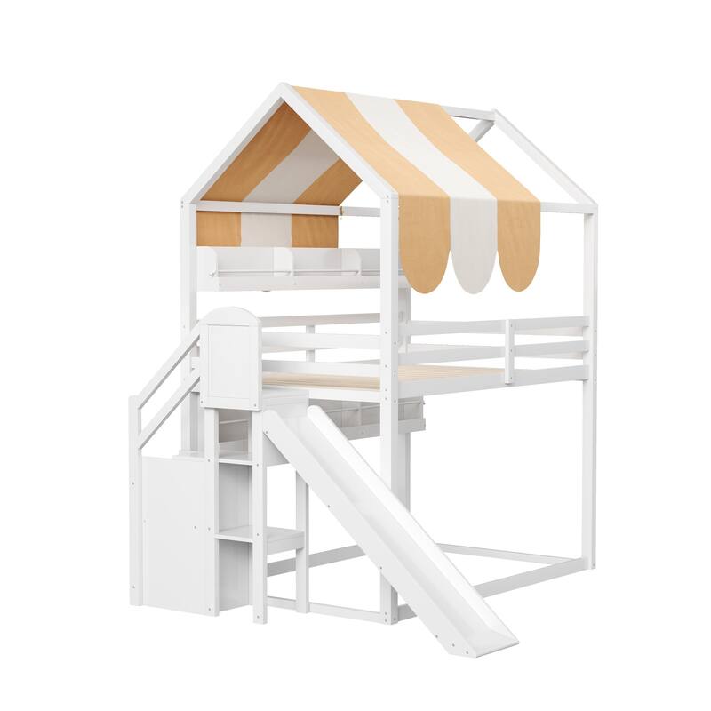 Roomfitters Full Size House Loft Bed with Canopy, Slide and Bookshelves