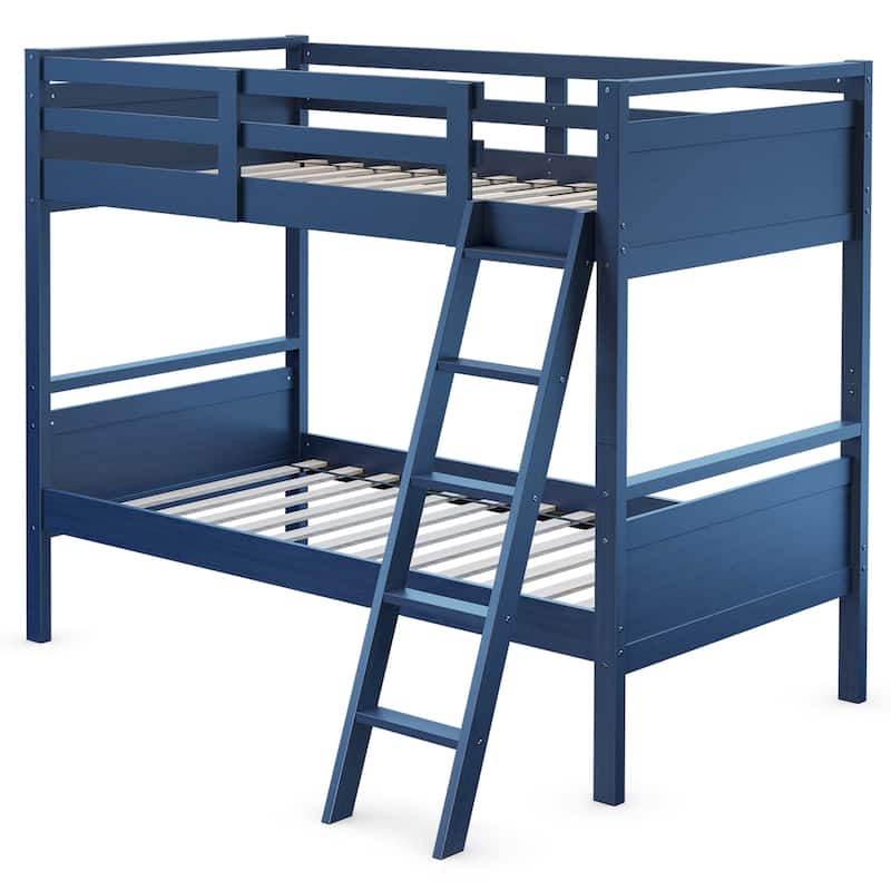 Costway Twin Over Twin Bunk Bed Convertible 2 Individual Beds Wooden - Navy