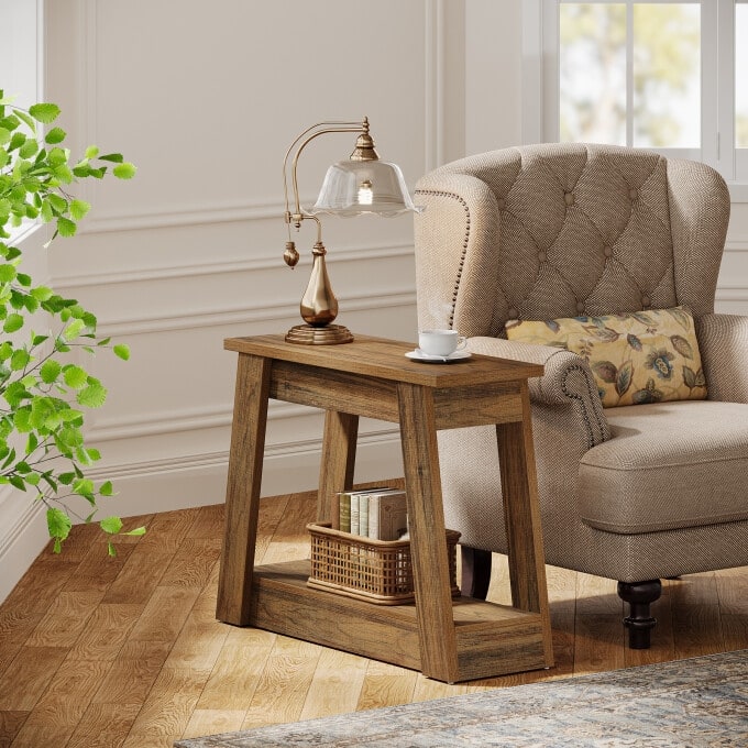 Rustic Wood End Table, Small Side Table With 2-Tier Storage Shelves