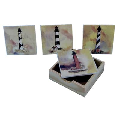 Lighthouse Scenes Drink Coasters with Wood Tray Set - Multi