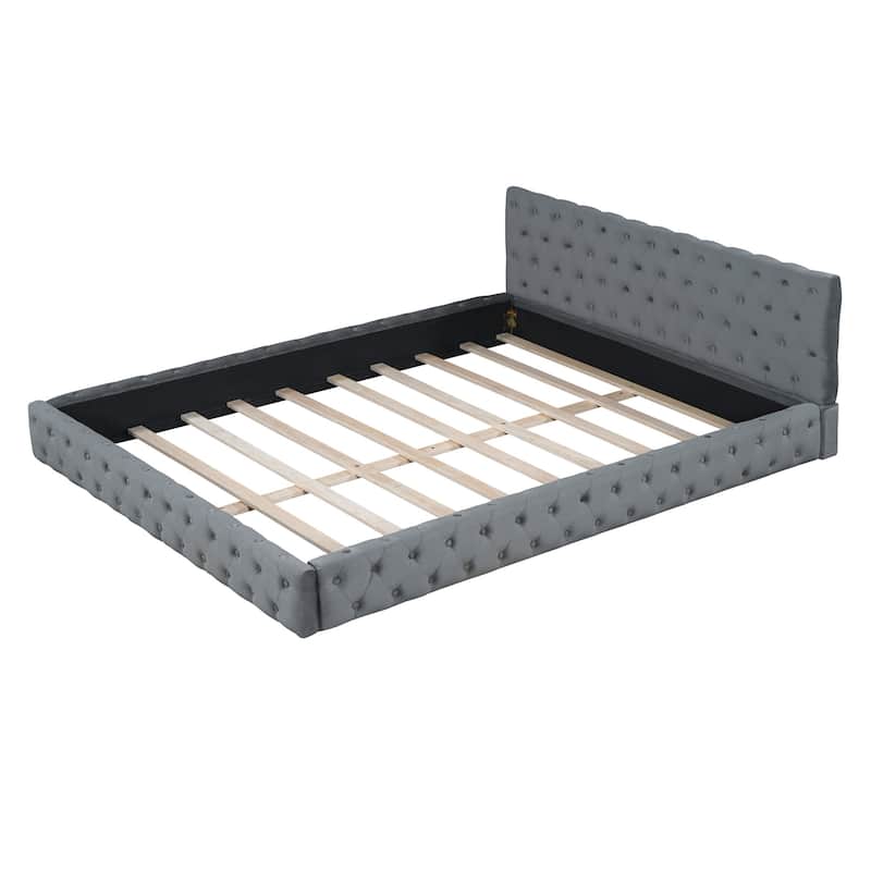 HomeRoots Gray Tufted Velvet Upholstered Queen Bed Frame