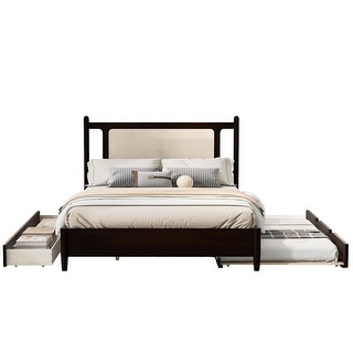 Trundle Platform Bed Queen Size Bed Frame and Twin Size Trundle, with Unique Rattan Headboard 2 Storage Drawer, Elegant Espresso