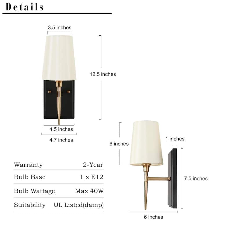 Modern Rustic Black Gold 1-Light Wall Sconces Fabric Flared Shade Bathroom Vanity Lights - 4.7" L x 6" W x 12.5" H