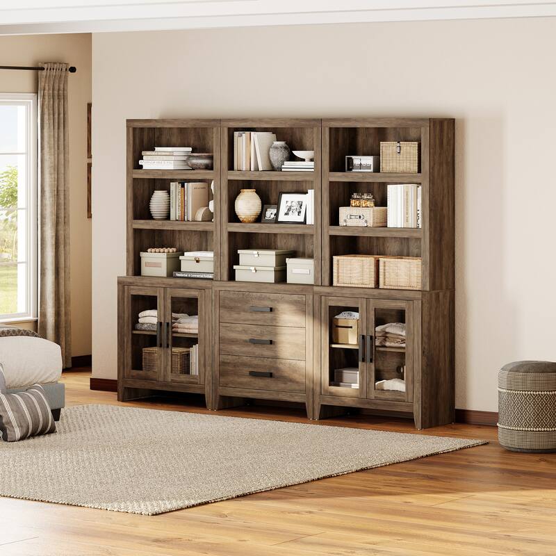 WAMPAT 74" Tall Bookshelf with Glass Doors and Drawers, Farmhouse Bookcase with Adjustable Shelves