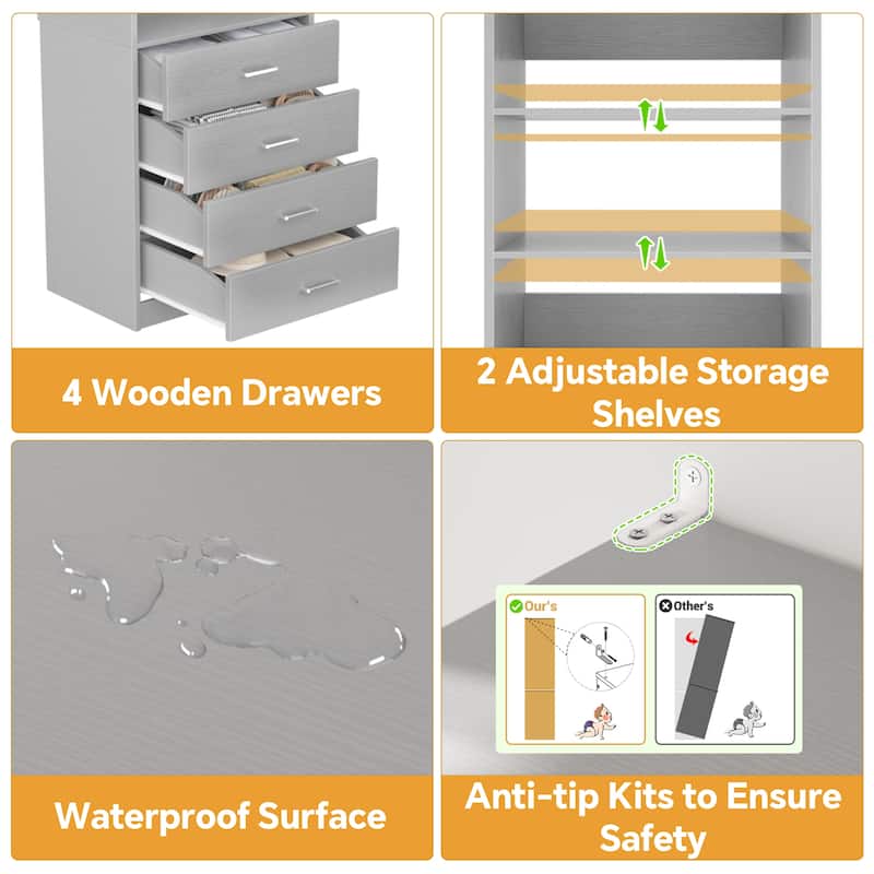 Freestanding Closet Organizer with 4 Drawers and 4 Shelves, Wooden Closet System for Walk-in Closet
