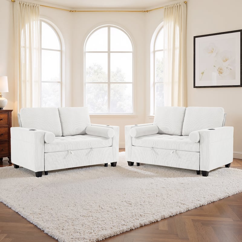 2 Set Corduroy Convertible Sleeper Sofa Bed Loveseats with Cup Holder, USB Ports & Storage