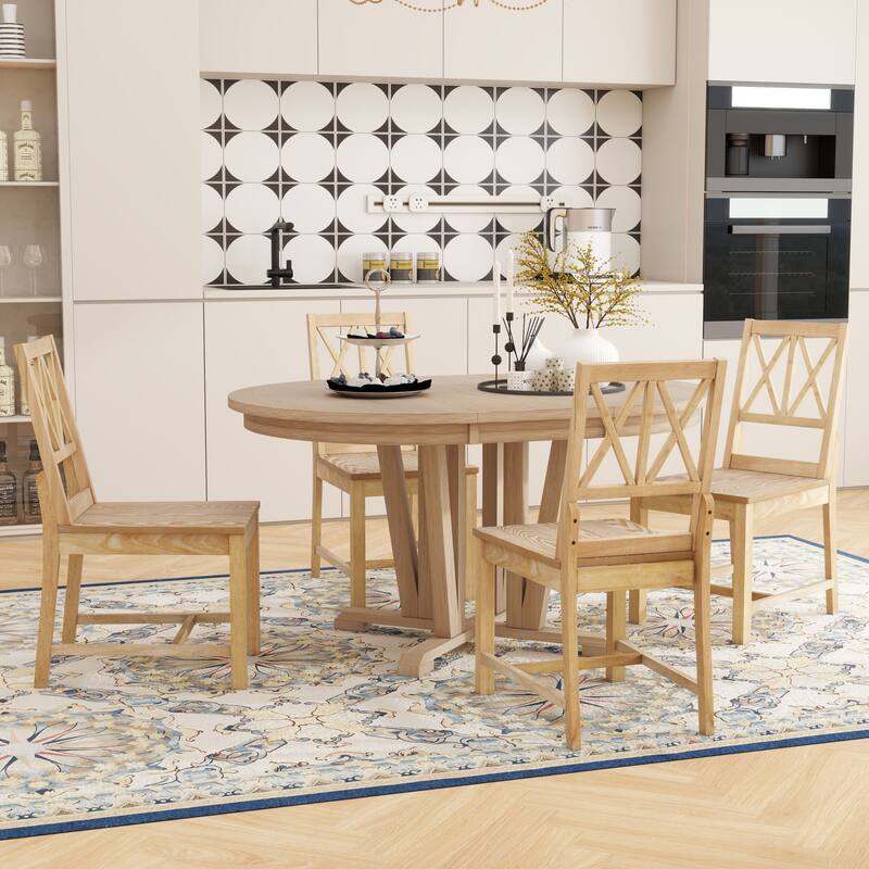 Rustic 5 Piece Extendable Round Dining Table Set