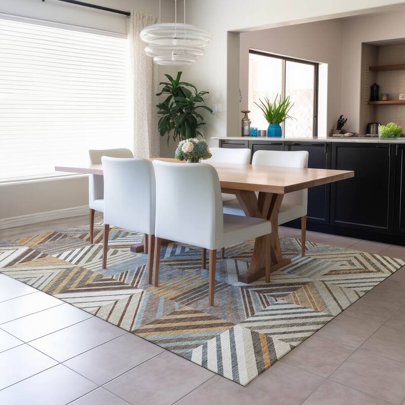 Machine Washable Indoor/ Outdoor Geo Mosaic Chantille Rug