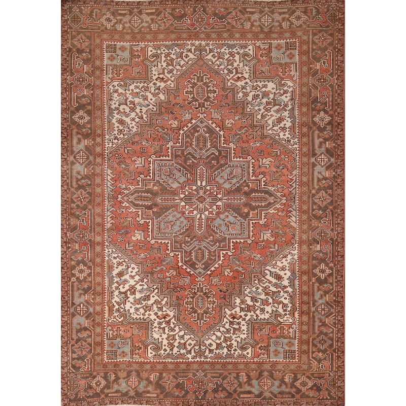 Orange Geometric Heriz Persian Vintage Area Rug Handmade Wool Carpet - 7'2"x 9'8"