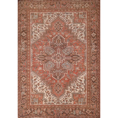 Orange Geometric Heriz Persian Vintage Area Rug Handmade Wool Carpet - 7'2"x 9'8"