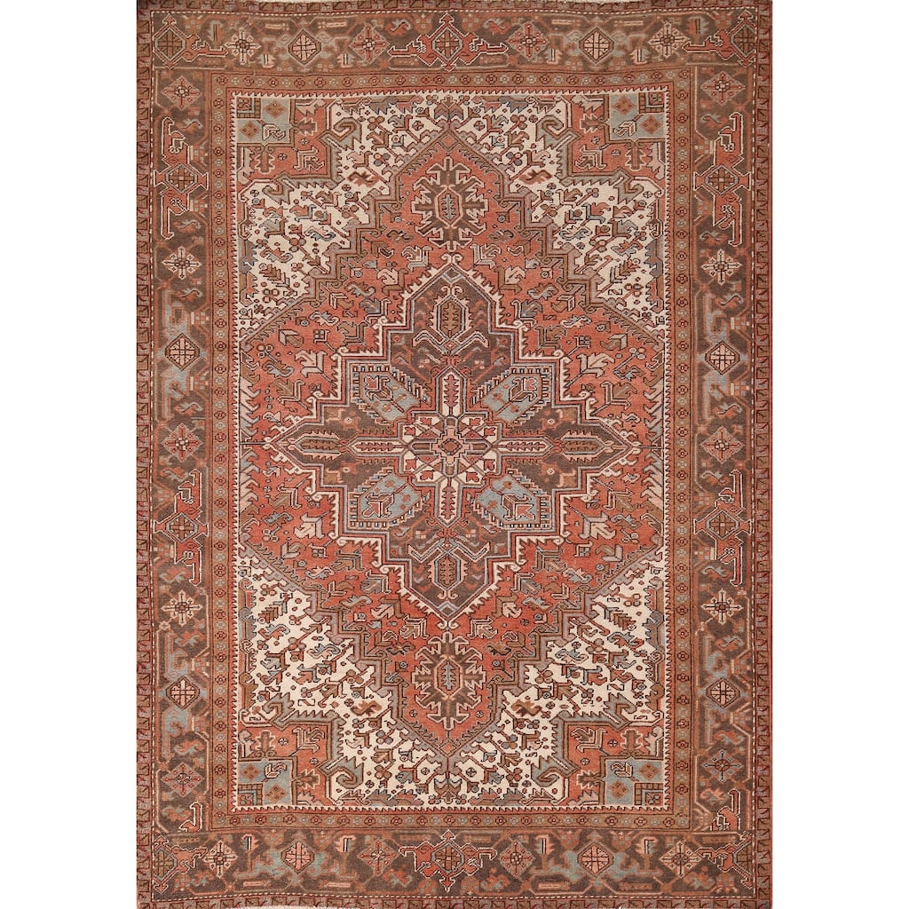 Orange Geometric Heriz Persian Vintage Area Rug Handmade Wool Carpet - 7'2"x 9'8"
