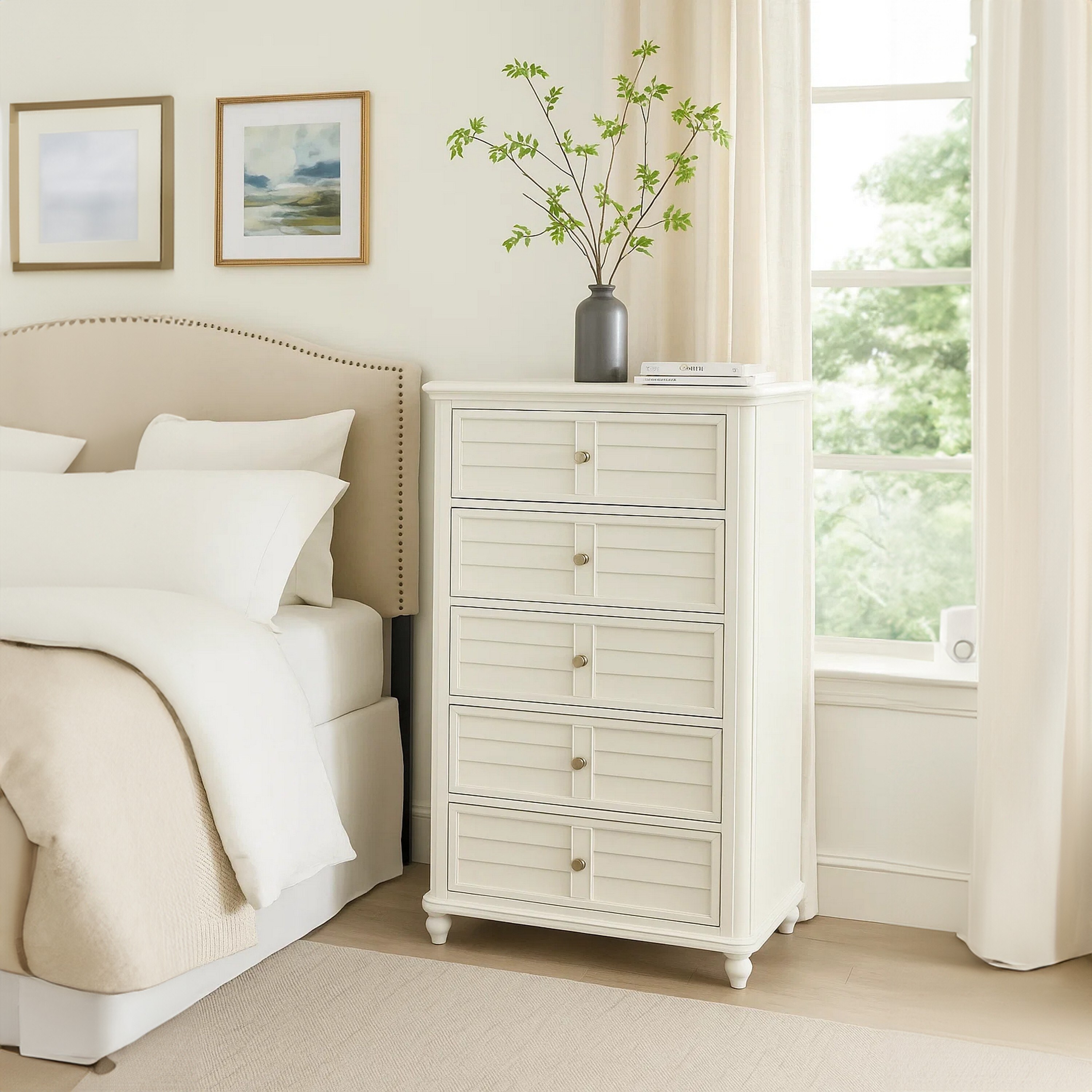 Kyna Tall Dresser Chest, 5 Drawers, Classic Antique White Solid Wood