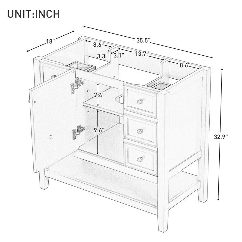 36" Bathroom Vanity without Sink, 1 Cabinet and 3 Drawers
