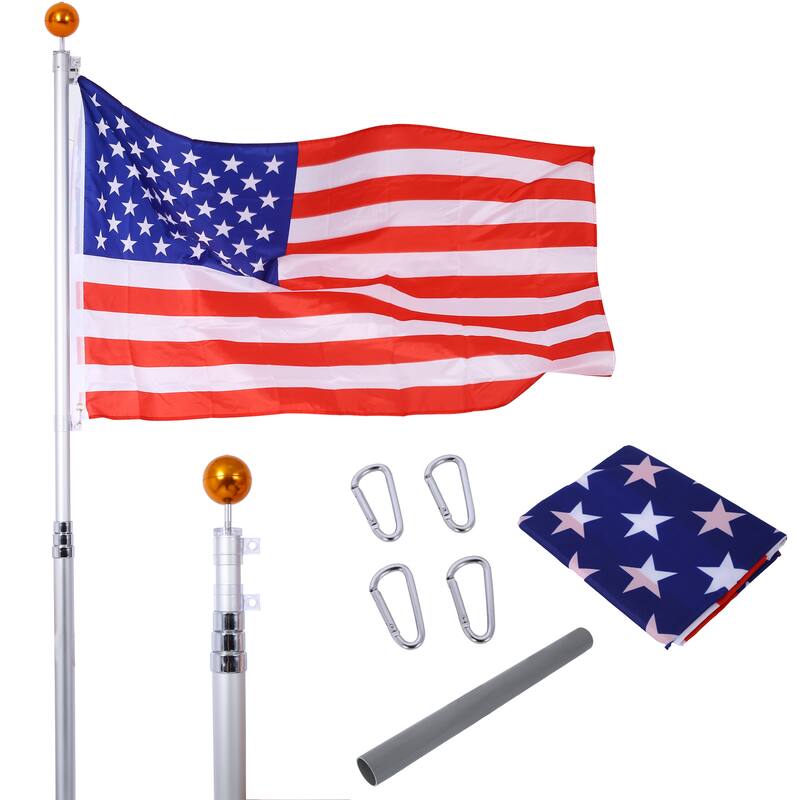 16FT Heavy Duty Aluminum Telescopic Flag Pole Kit, Sectional Flag Pole Kit, Outdoor Inground Flag Poles with Topper Balls