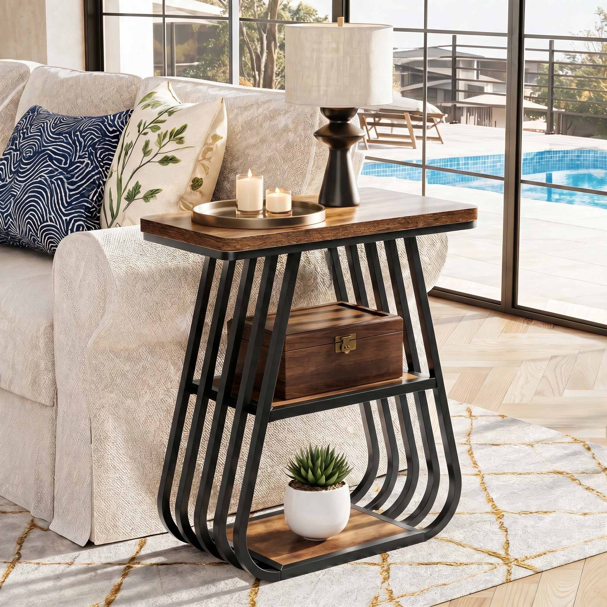 23.62" Wood and Metal 3-Tier End Table