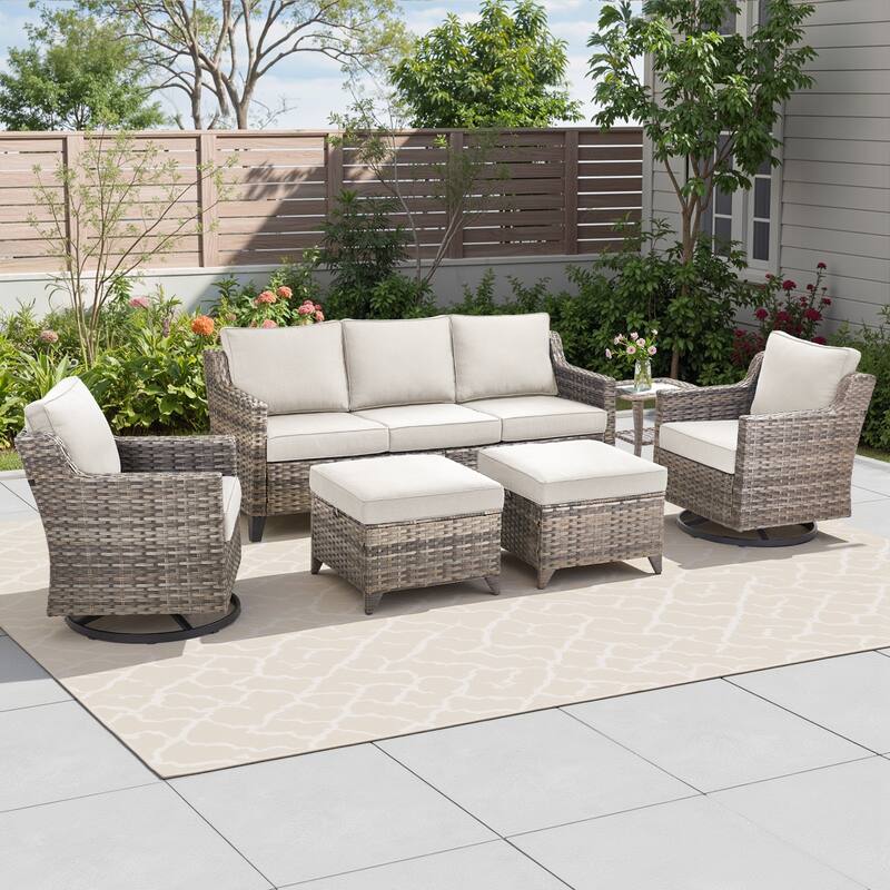Pocassy Patio Sofa Glider Swivel Chair Ottoman Table Furniture Set. - Beige Cushion Gray Wicker - 6-Piece Sofa Swivel Chair Table w/ Ottoman Set