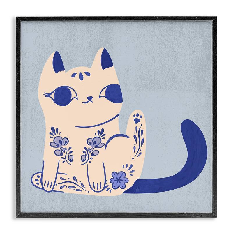 Stupell Ornate Floral Cat Framed Giclee Art Design By Carrie Cantwell - 24 x 24 - Black