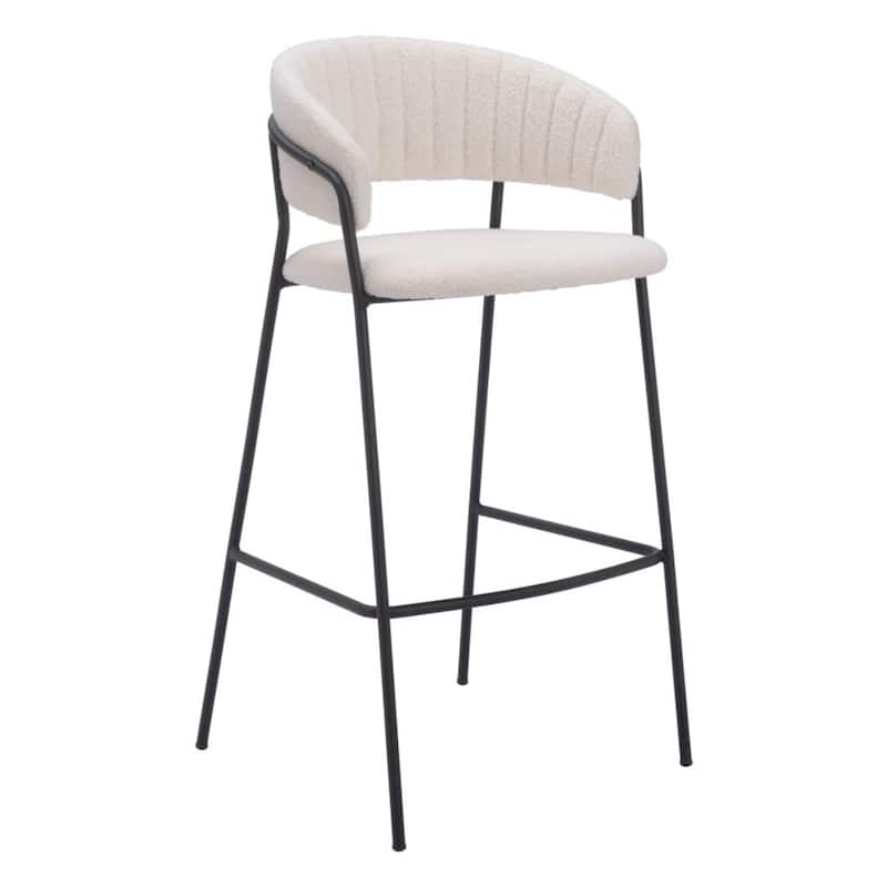 Set of 2 Bar Height Cream Upholstered Bar Chairs with Armrests Bucket Seat and Footrest Support - 39.4”H x 20.9”W x 21.3”D