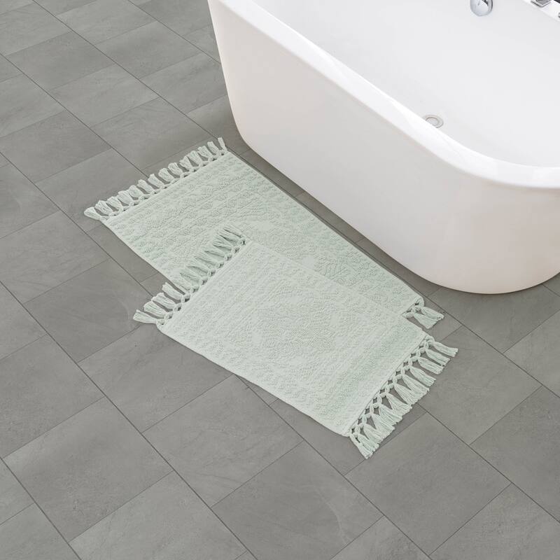 French Connection Nellore Fringe Cotton Bath Rug - 17x24/20x34 - Light Blue