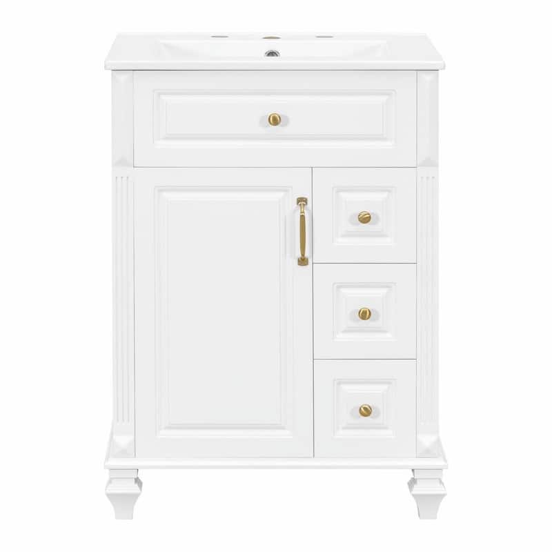 24" Bathroom Vanity with Sink, Freestanding Vanity Cabinet with Flip-Out Drawer, 3 Drawers, Ceramic Top