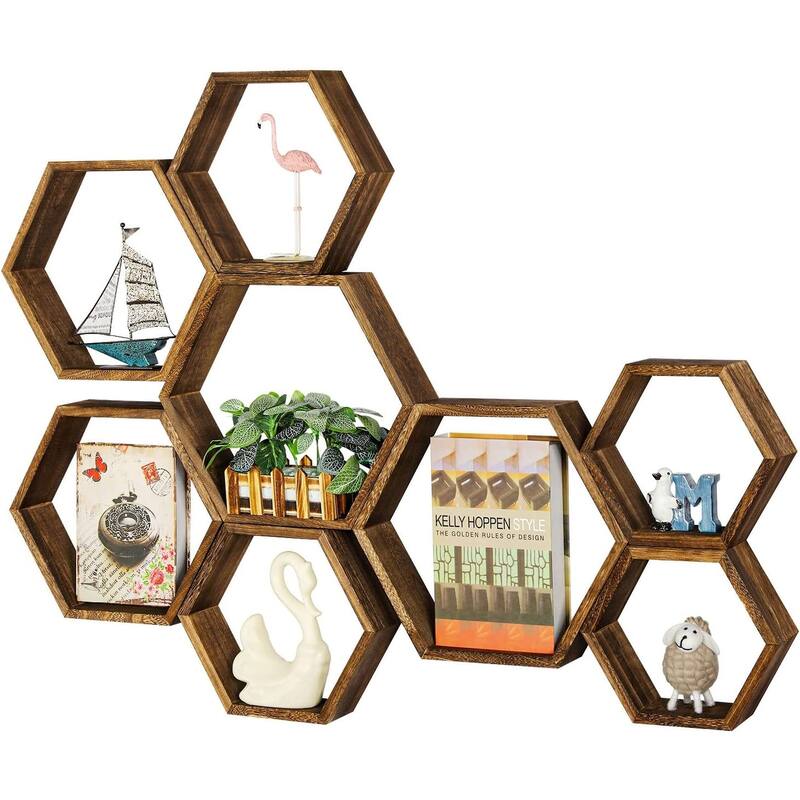 Wall Mounted Hexagon Floating Shelves - 8 PCS - Brown