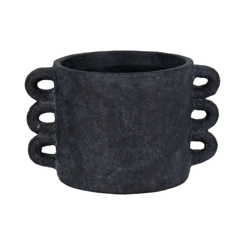 Pottery and Cement Planter Multi-Loop Handle Design Contemporary - 13" x 9" x 8" - Black