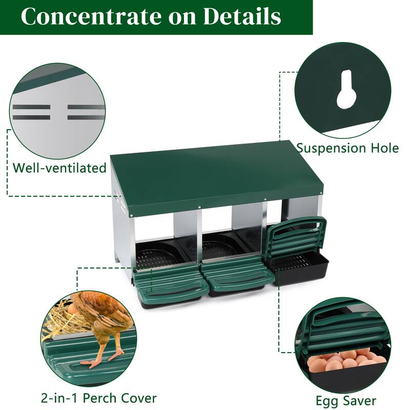 3 Compartment Chicken Egg Nesting Box with Roll Out Plastic Baskets for Hens