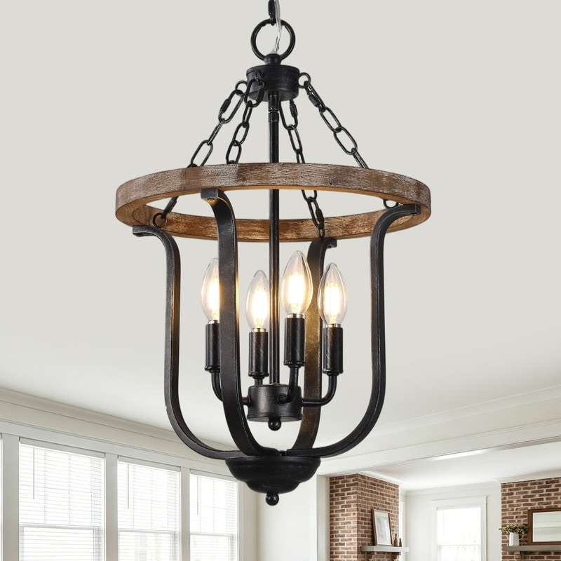 14" Farmhouse Wood Chandelier, 4-Light Rustic Hanging Pendant Lighting, Vintage Ceiling Light Fixture for Kitchen Island