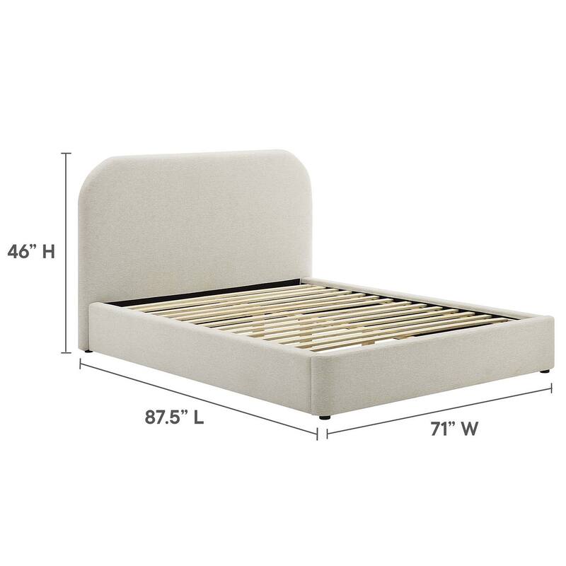 Hillsway Modern Curved Headboard Ivory Fabric Upholstered Queen Size Platform Bed