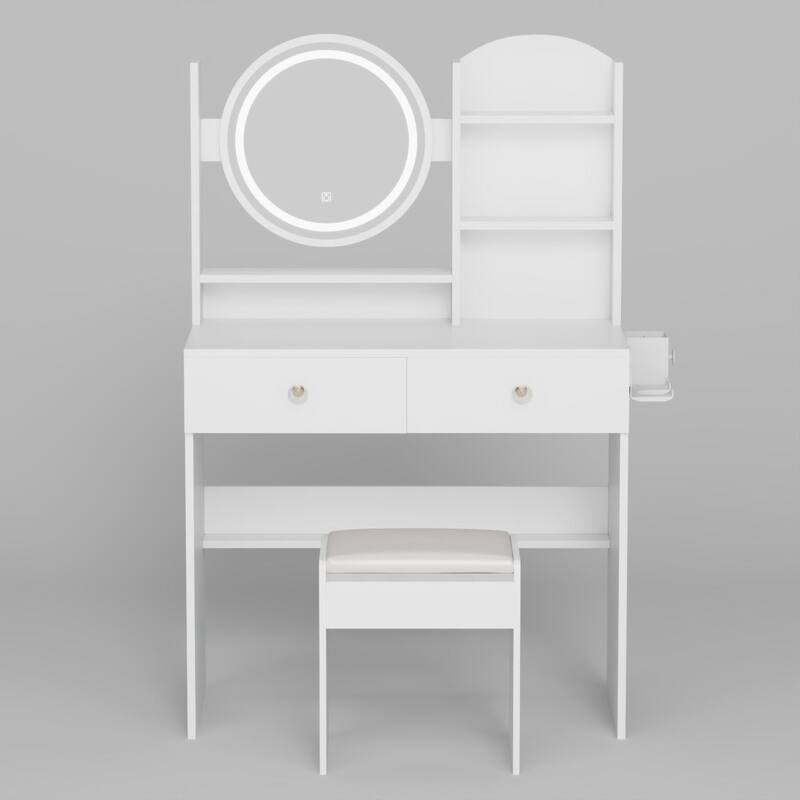 Round Mirror LED Vanity Table with 2 USB Power Station