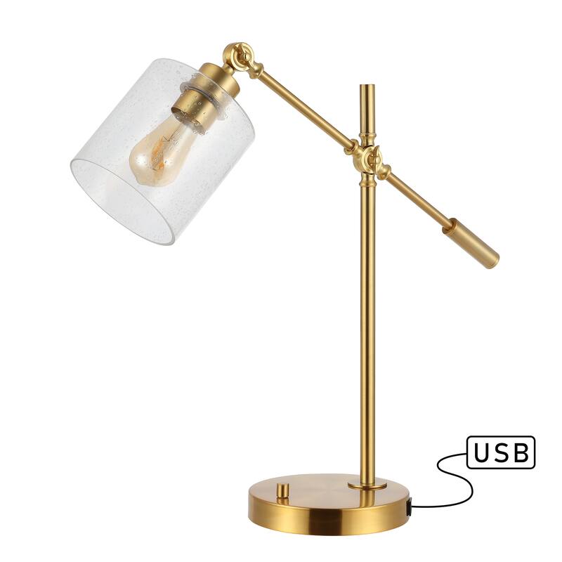 Jason Classic 23" Iron/Seeded Glass Adjustable Head Modern USB Charging LED Task Lamp, Brass Gold by JONATHAN Y - 1 Bulb