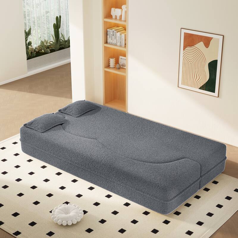 Modern Floor Sofa with 2 Pillows,Convertible Teddy Fabric Foam-Filled Sleeper Sofa Bed
