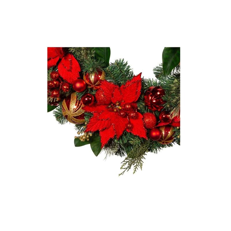 Poinsettias and Ornaments Artificial Christmas Wreath - 30" - Unlit