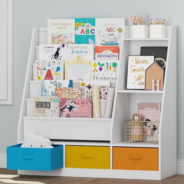 slide 2 of 8, COSTARS Kids Bookshelf and Toy Storage, 5-Tier Sling Montessori Bookshelf with Bins, Wood Childrens Bookcase Organizer White
