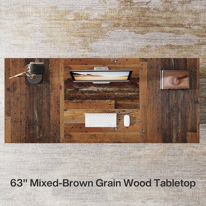 63 Inches Brown Engineered Wood Executive Desk, Mid-Century Modern Home Office Desk with Sturdy Pedestal