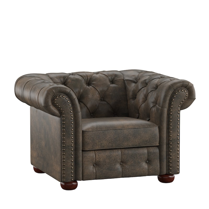Knightsbridge Tufted Scroll Arm Chesterfield Chair by iNSPIRE Q Artisan - Brown Polished Microfiber