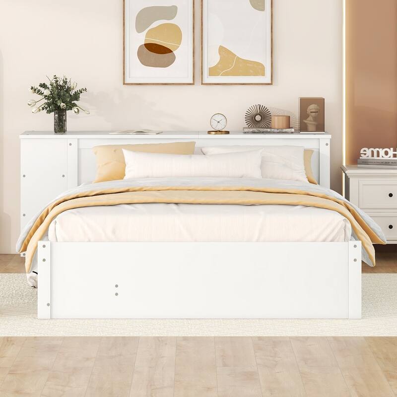 Full Size Platform Bed With a Rolling Shelf, White