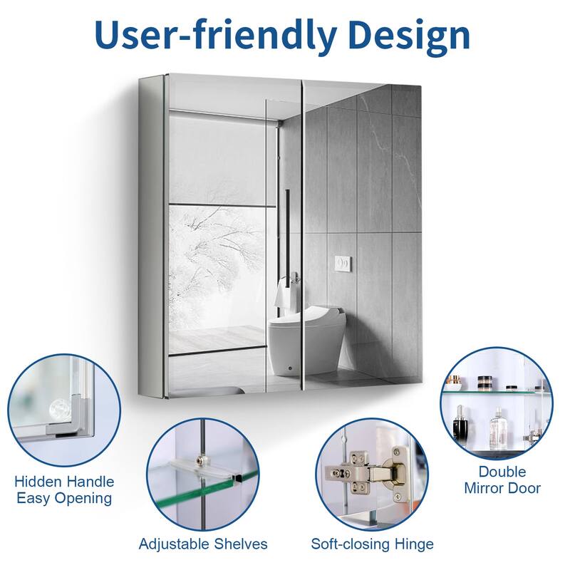 30x26 inch Double door mirror Aluminum medicine cabinet Surface Mount or Recessed Bathroom