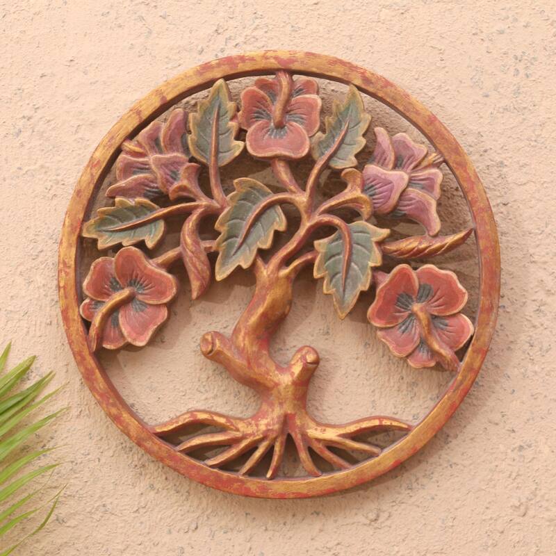 Novica Handmade Hibiscus Garden Wood Relief Panel