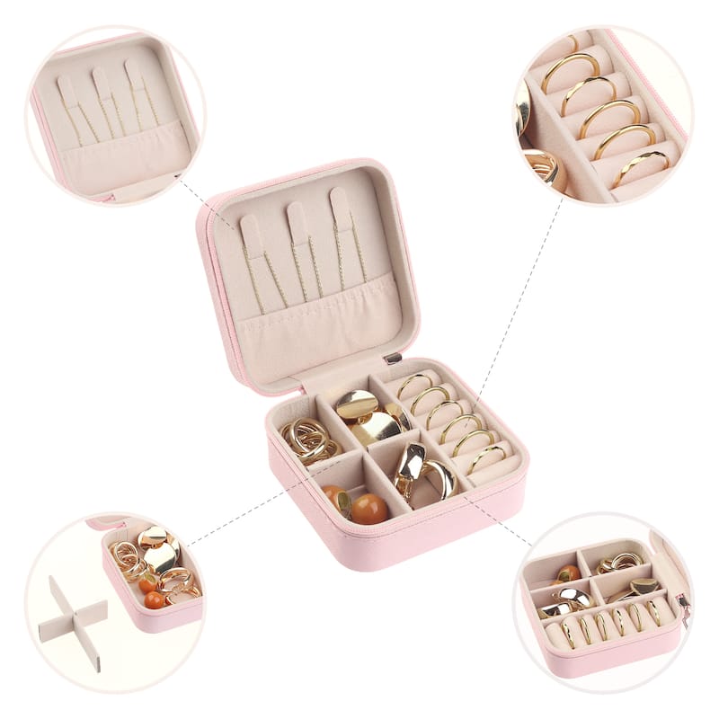 Travel Jewelry Box for Women, Teen Girl Gifts, Small Portable PU Leather Jewelry Organizer Case Storage Display Holder - Pink