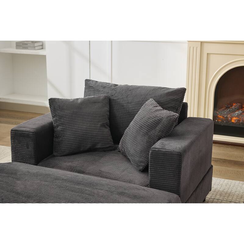 Chaise Lounge Chair with Removable Ottoman, Modern Accent Armchair Corduroy Sleeper Sofa Chair with Pillows for Living Room