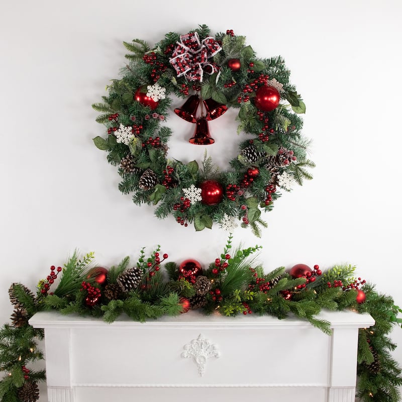 Red Bells Mixed Foliage Artificial Christmas Wreath, 30-Inch, Unlit